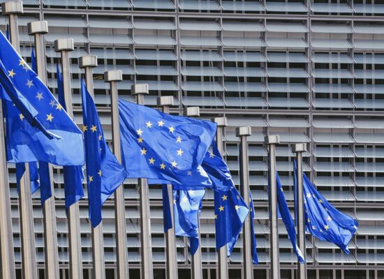 Mehrere Europa-Flaggen vor einem grauen Gebäude